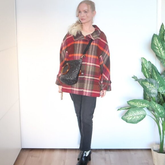 Talbots Multicolor Orange, Burgundy & Brown Wool Plaid Coat Size 16w - Picture 16 of 16